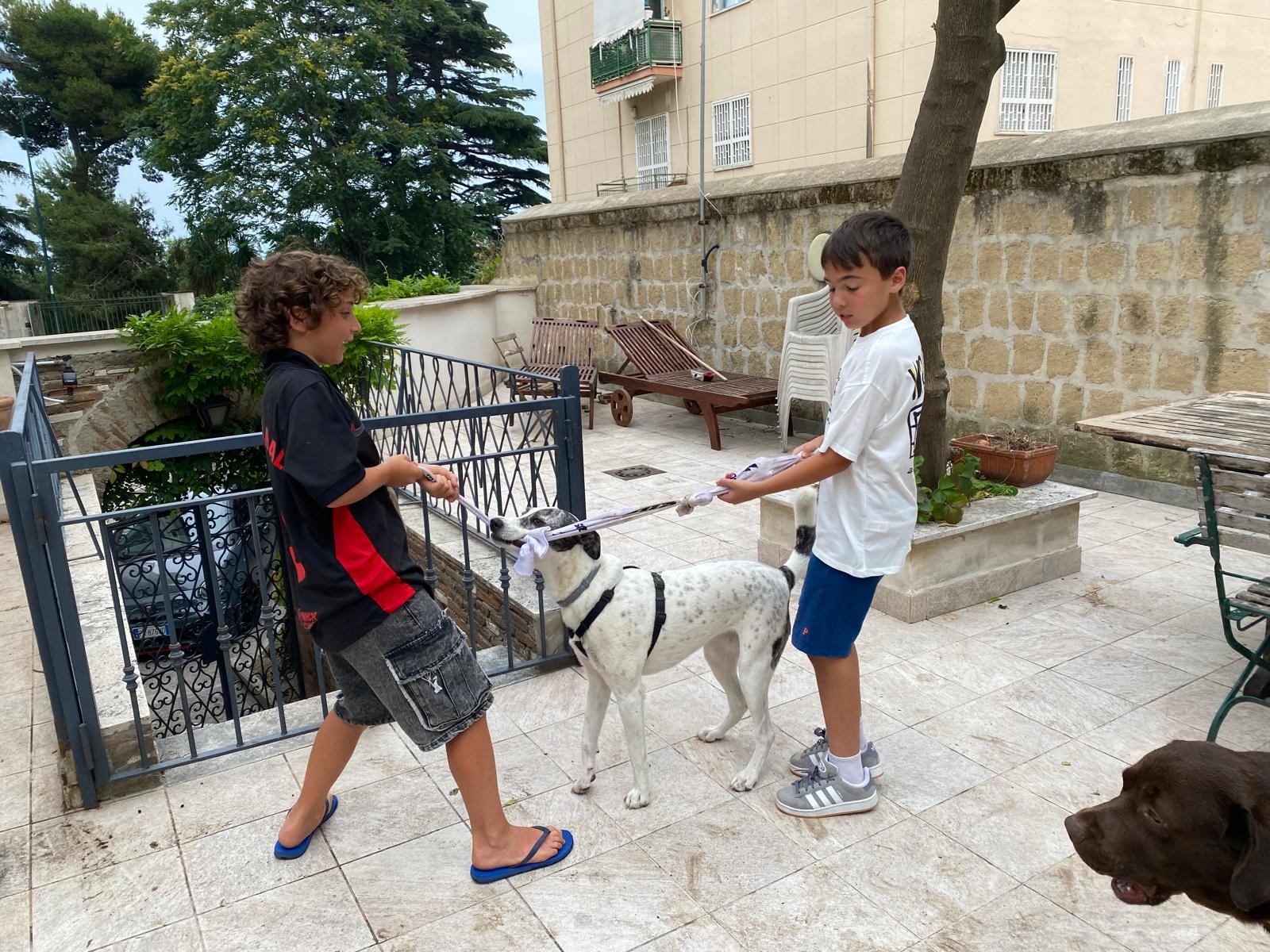 Due bambini giocano al tira e molla con Lunamhi in terrazzo